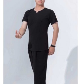 Black short sleeves v neck latin ballroom dance shirts for men youth breathable tango flamenco chacha rumba dancing tops for man